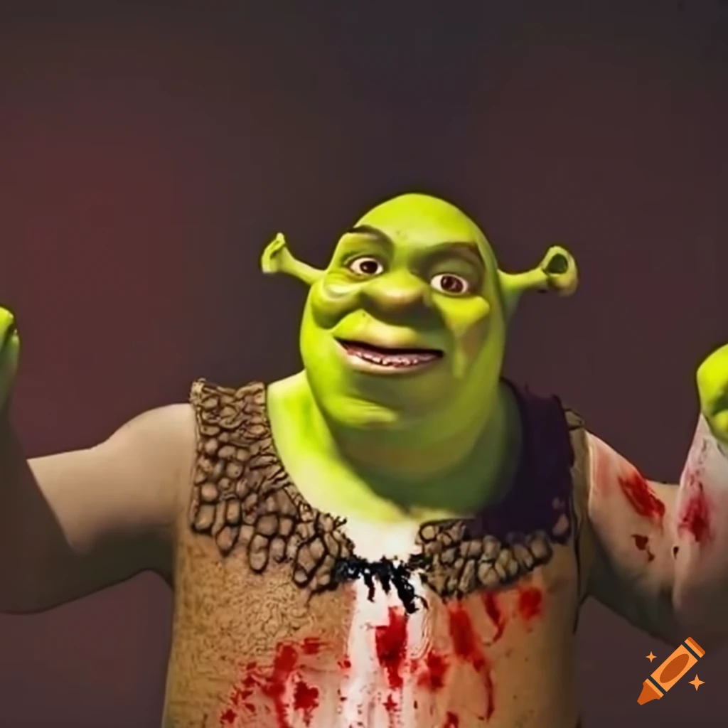 Shrek with a bloody nose and shirt, holding an onion on Craiyon