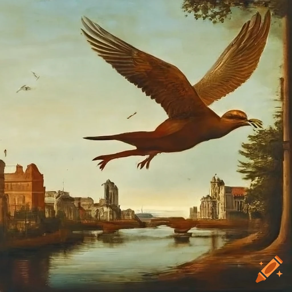 Leonardo da vinci's famous painting of a bird flying over a stream with