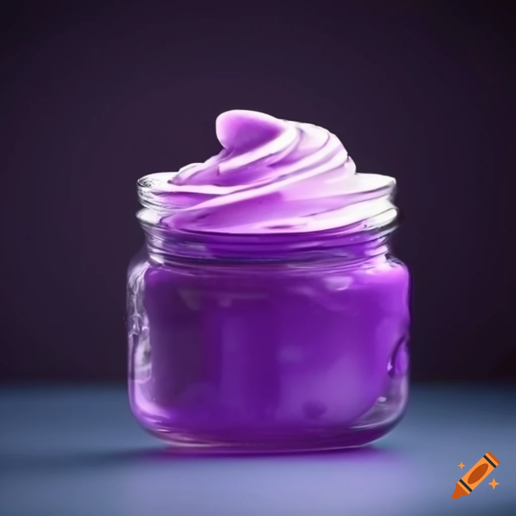 Purple cosmetic cream in a clear glass jar resembling chantilly