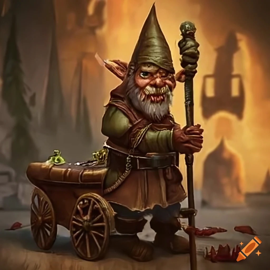 Gnome and goblin trading goods from a carriage