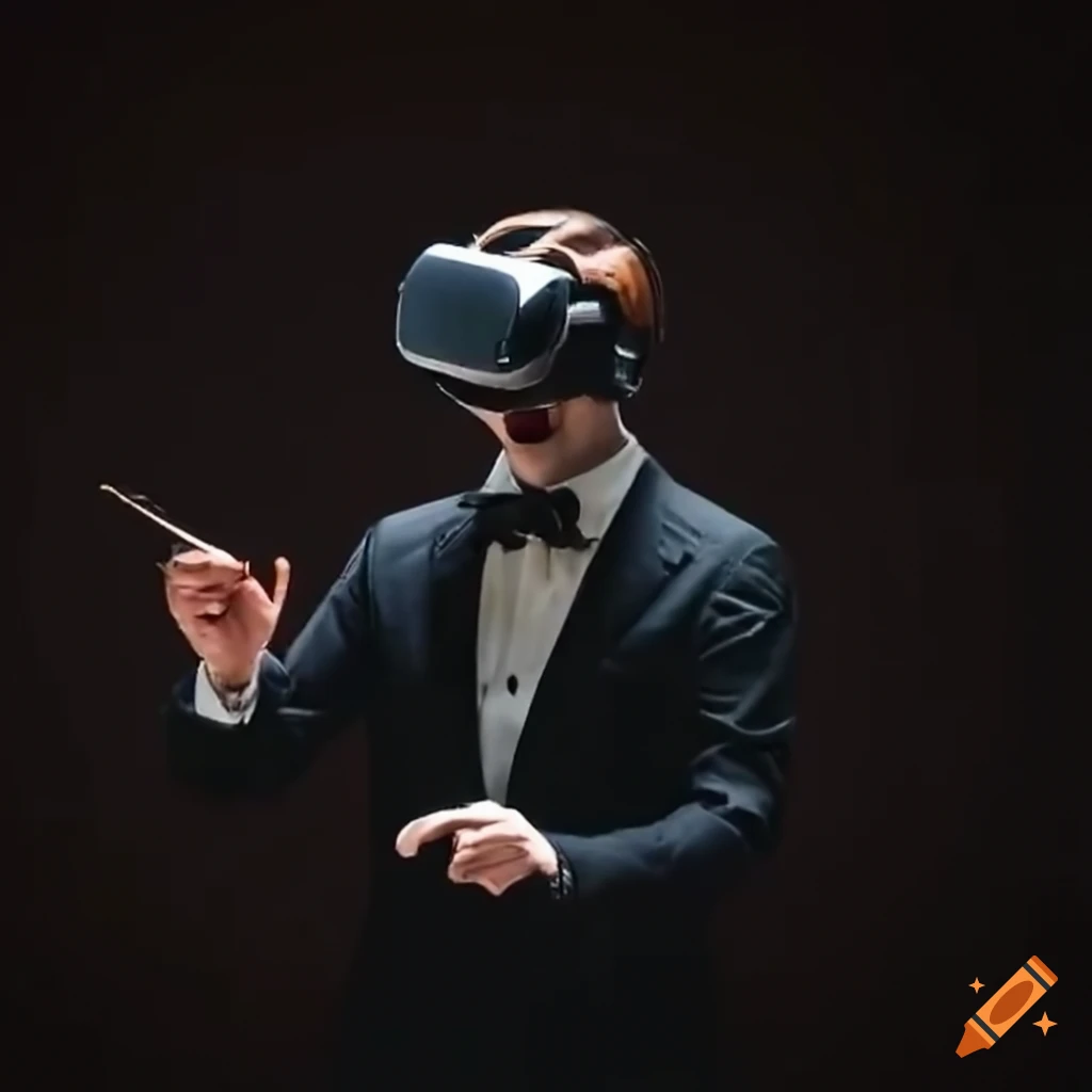 Orchestra conductor wearing vr helmet leading an electronic device