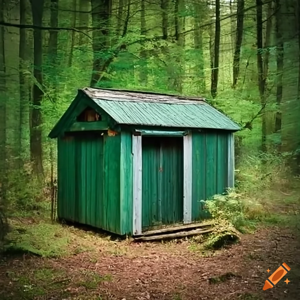 Small wooden green shed in the woods on Craiyon