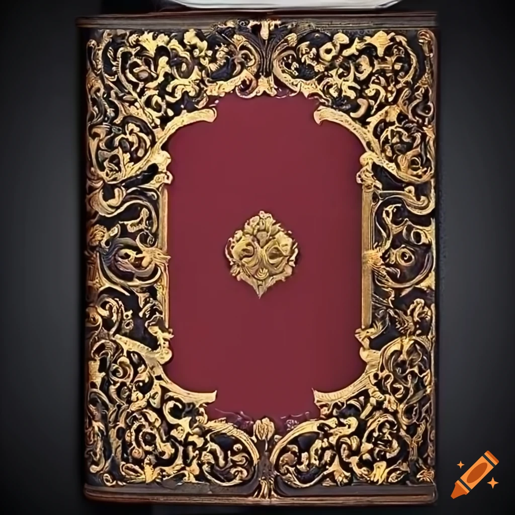 Intricately embossed red and black leather book with golden filigree