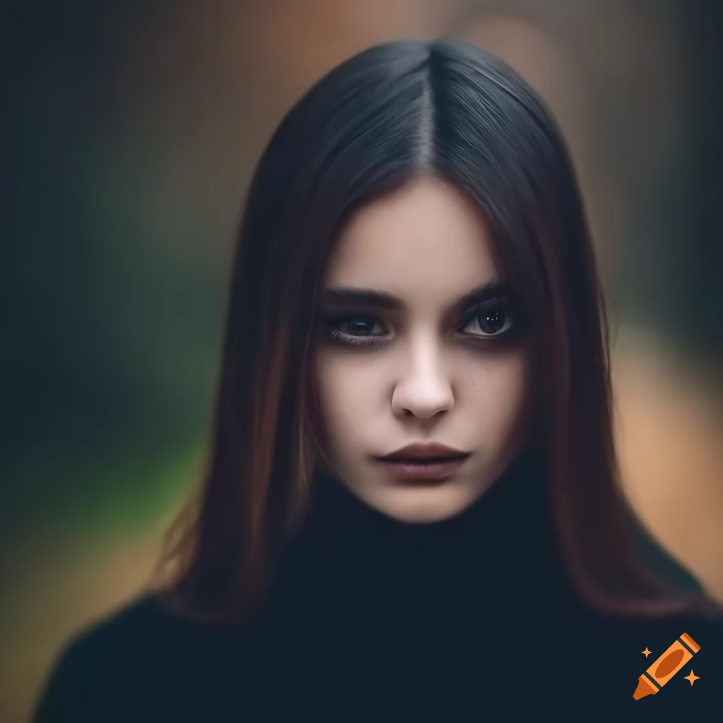 Beautiful young woman with dark brown hair in a black sweater in the ...