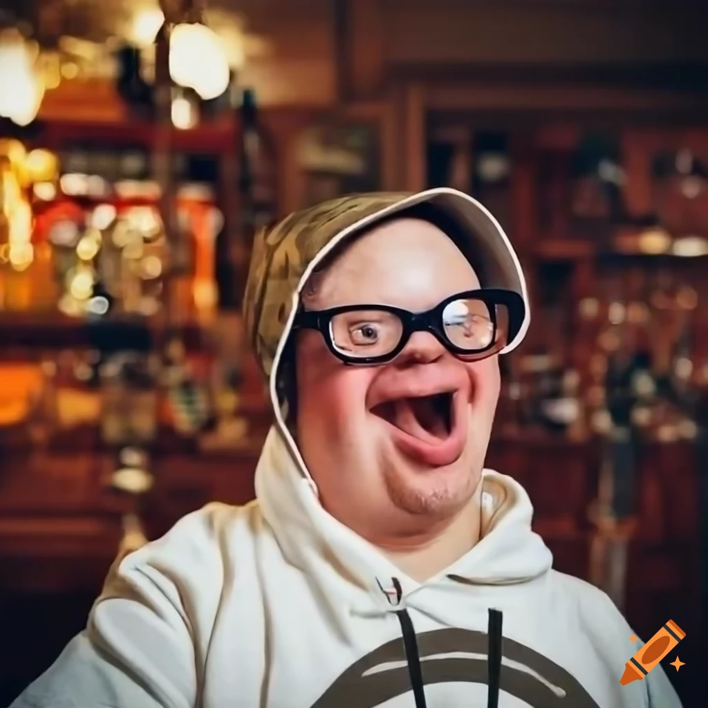 Smiling man with Down syndrome wearing glasses at a pub