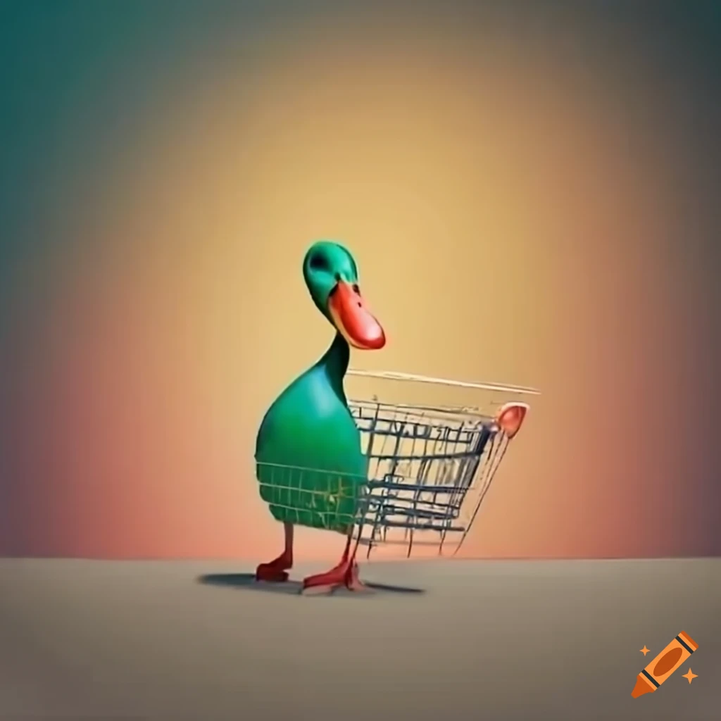 Duck riding shopping cart downhill at high speed on Craiyon