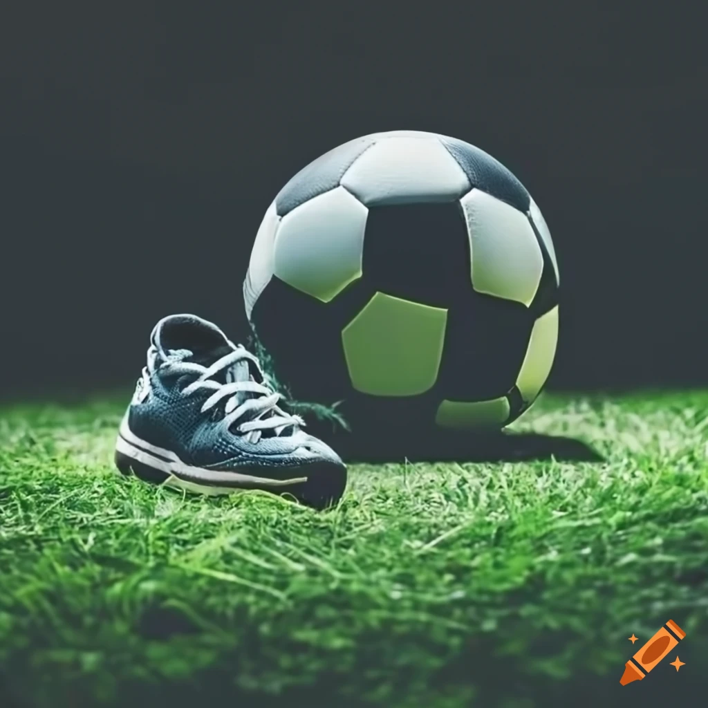Soccer ball and sneakers on grass at night