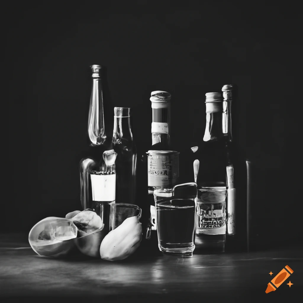Bottle and glass of alcohol in black and white on Craiyon