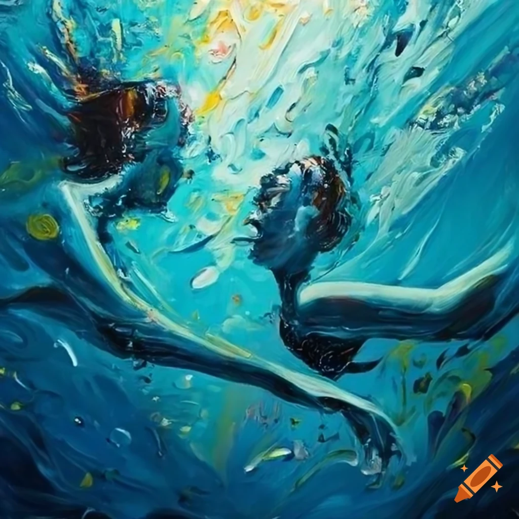 Abstract oil painting of two people unable to communicate underwater on