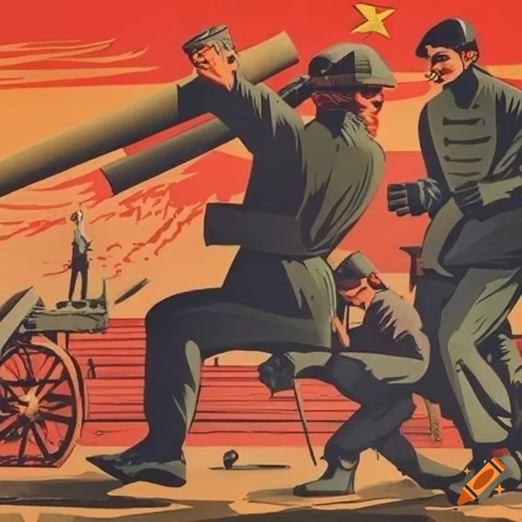 Soviet-style propaganda poster depicting workers, soldiers, and peasants battling extraterrestrial threats