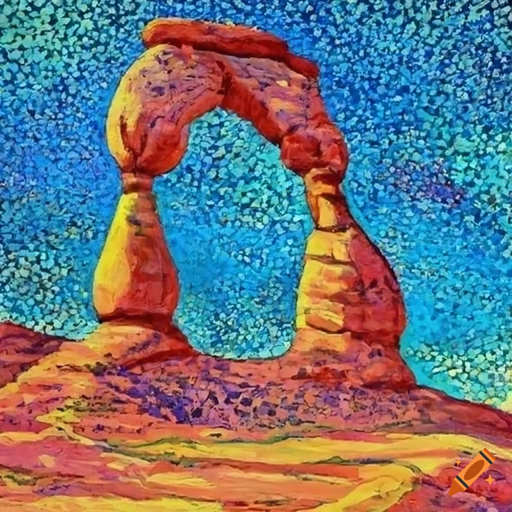 Delicate arch in pointillism style