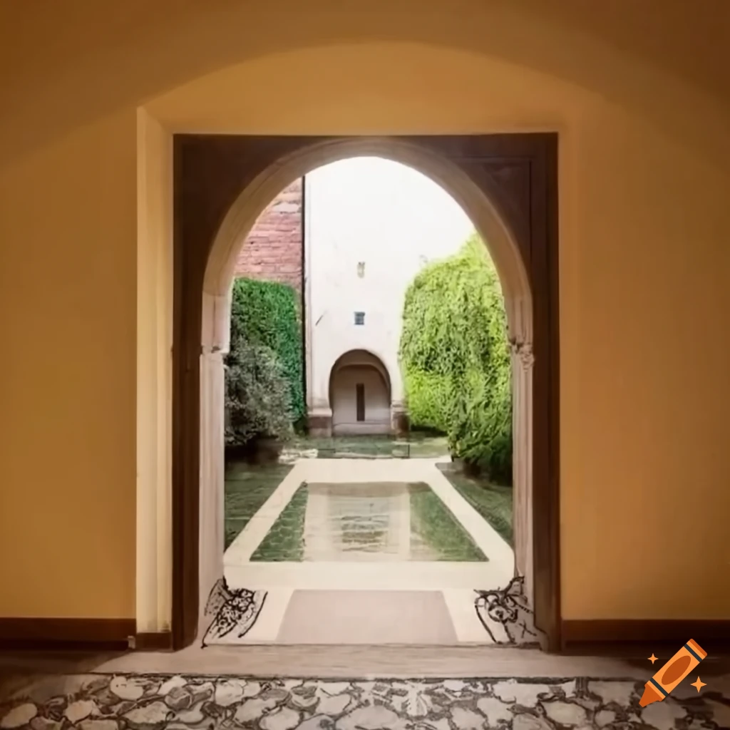 Medium-sized room with a door leading to a courtyard