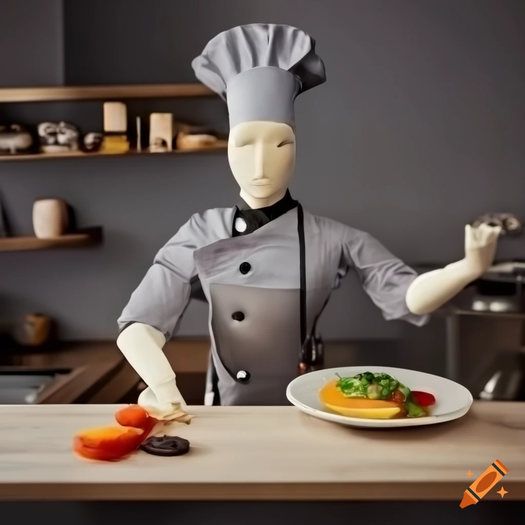 Mannequin wearing a chef's pinafore in a modern kitchen with professional chef's utensils
