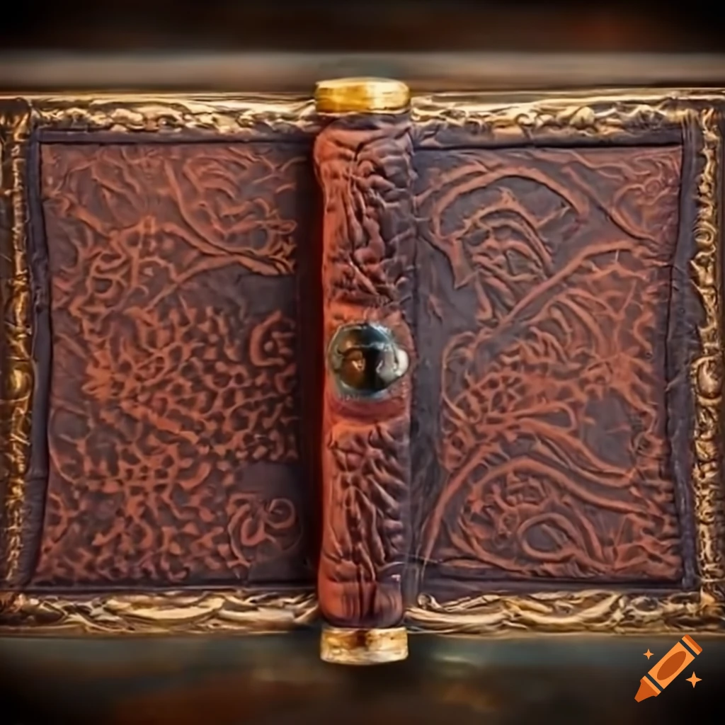 Ancient leather tome with embossed potion bottles on the cover
