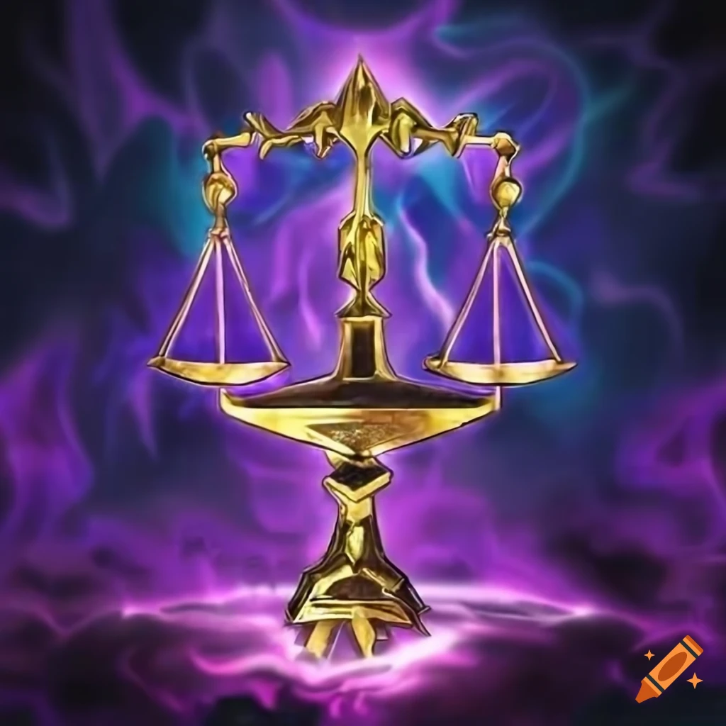 Yugioh card style golden scales of justice with purple flames on Craiyon