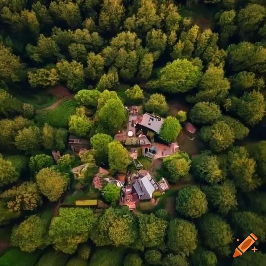 Aerial view of a small village in a thick forest on Craiyon