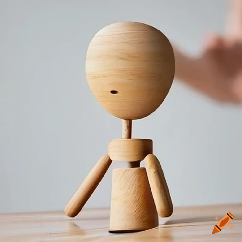 Wooden stick figure phone stand holding up a phone