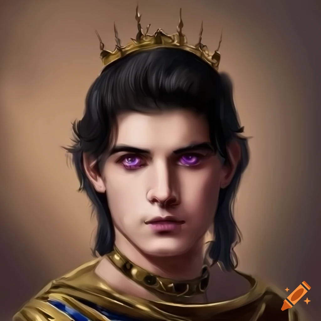 Handsome young king with purple eyes and black hair in roman empire