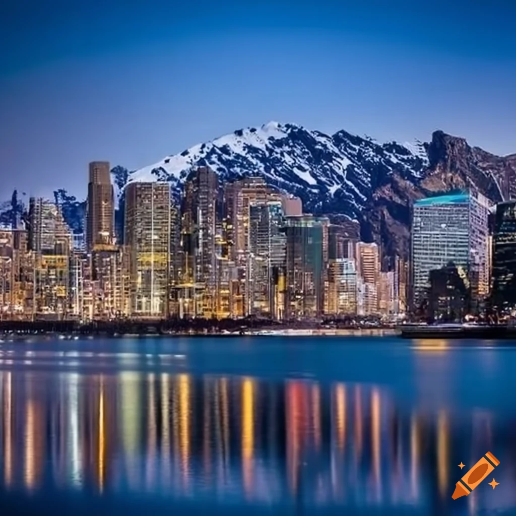 Modern harbor city at the snowy mountain foothill on Craiyon