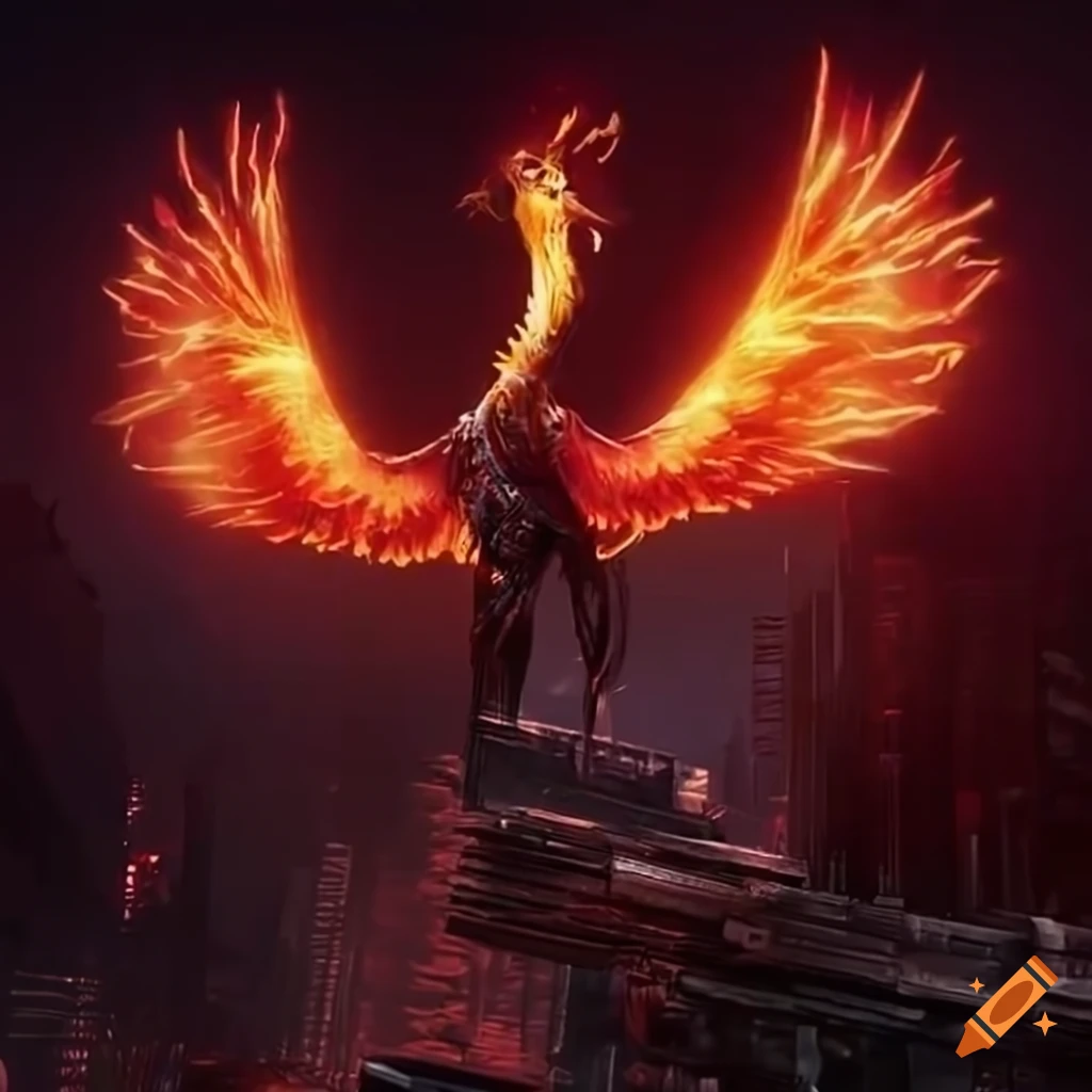Phoenix rising from ashes in a cyberpunk world