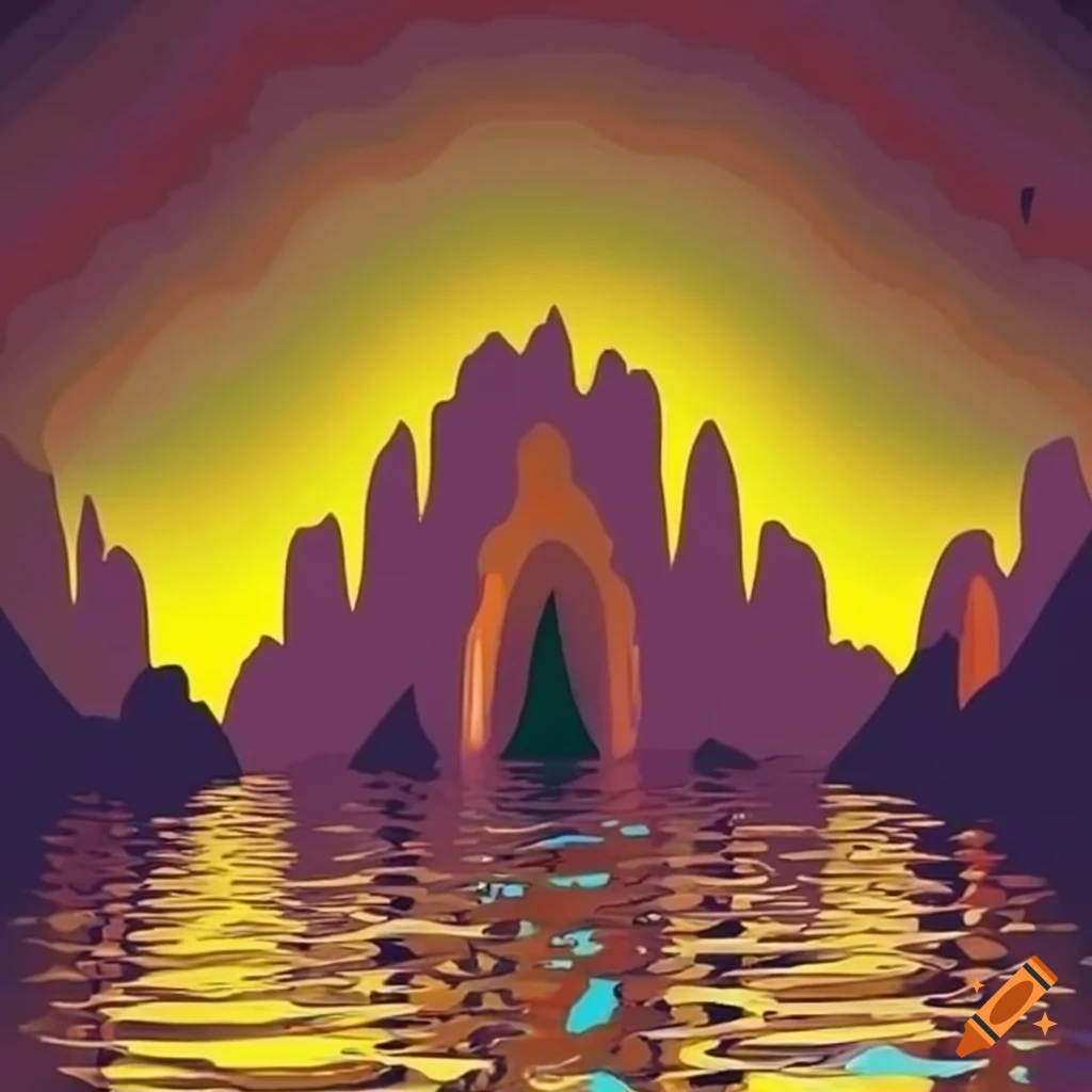 Underground lake altar with dark sulfur vapor in yellow tones