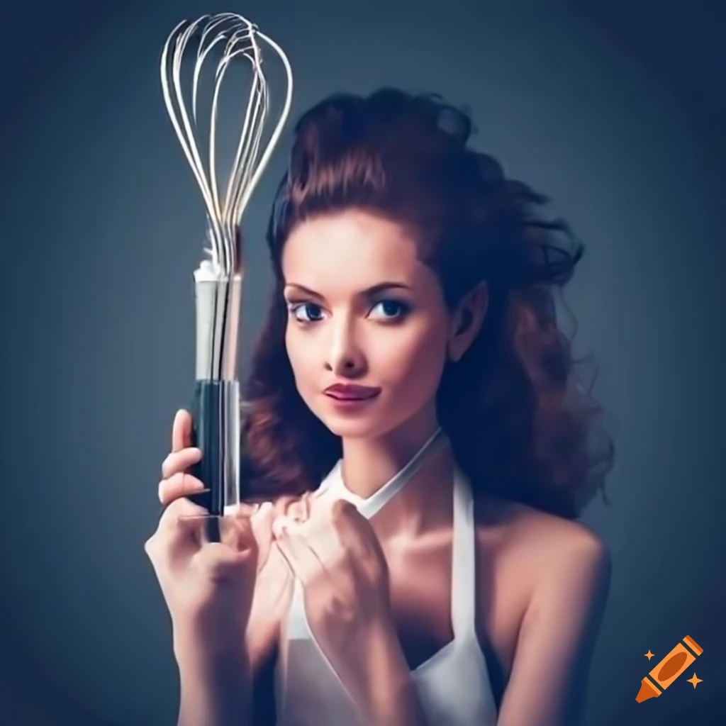 Beautiful woman with a chef's whisk ready to cook on Craiyon