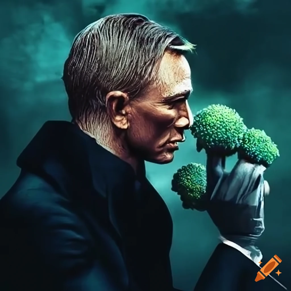 James bond with a broccoli symbolizing power on Craiyon