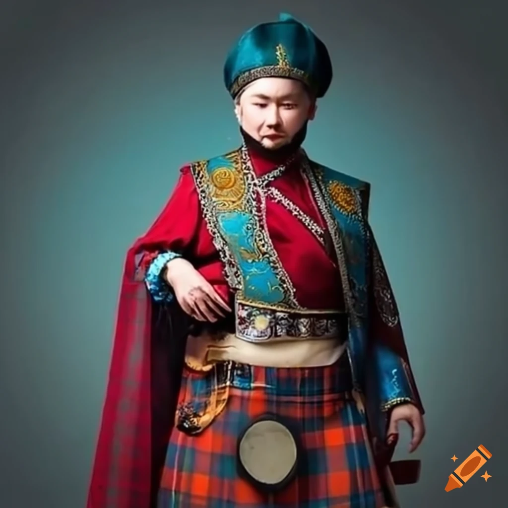 Man dressed in Kazakh and Scottish attire