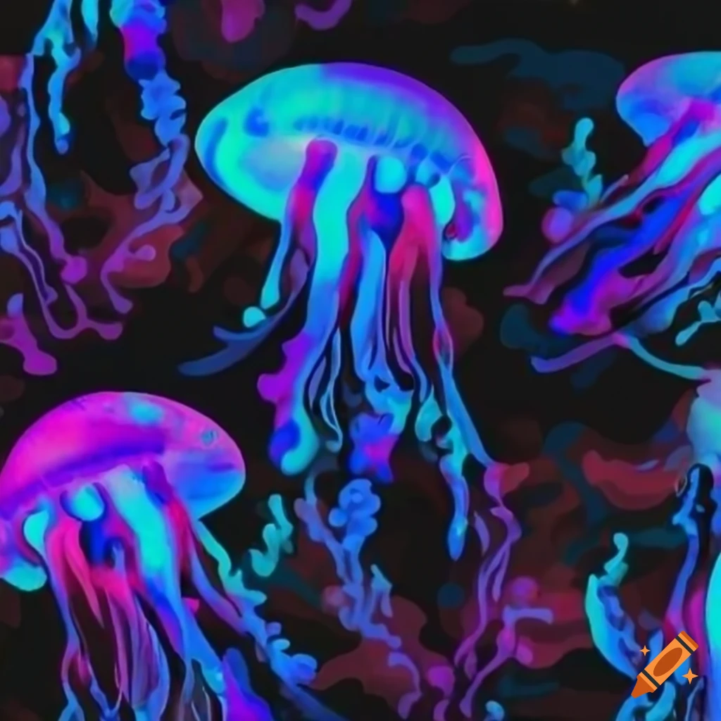 Neon fluorescent colored jellyfish pattern in camo design on Craiyon