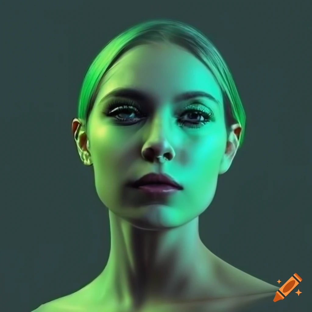 Template design with woman in half green and half black solid colors gradient