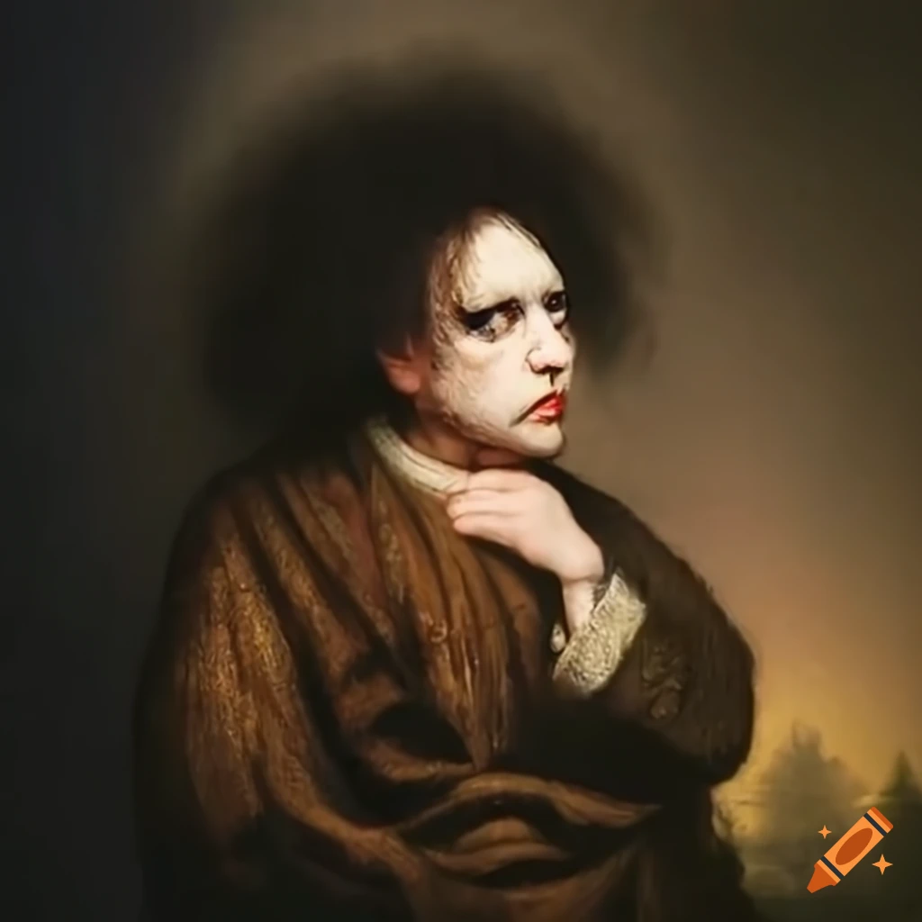Rembrandt style painting of Robert Smith from The Cure in a forest