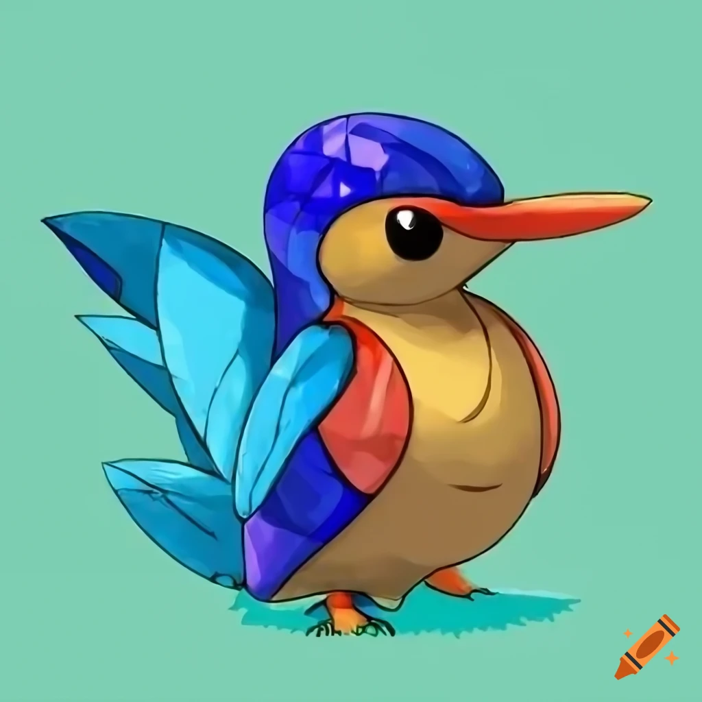 Pokemon bird inspired by malachite kingfisher with blue crystal