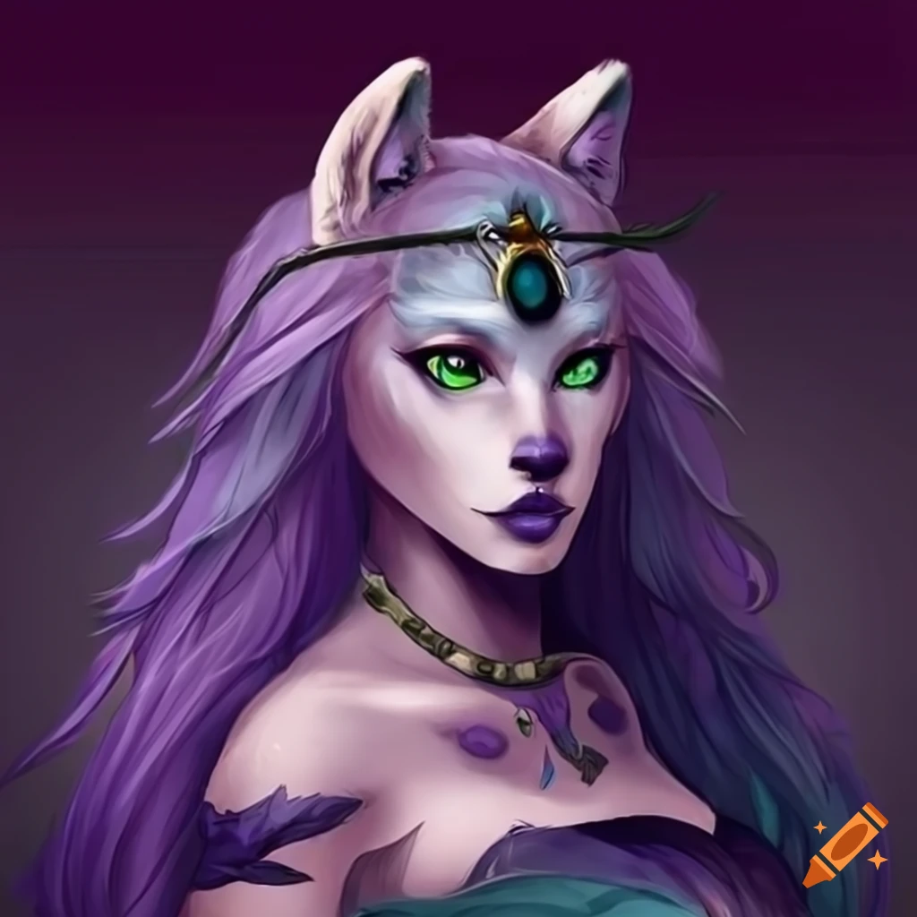 Beautiful anthropomorphic female wolf with violet hair avatar