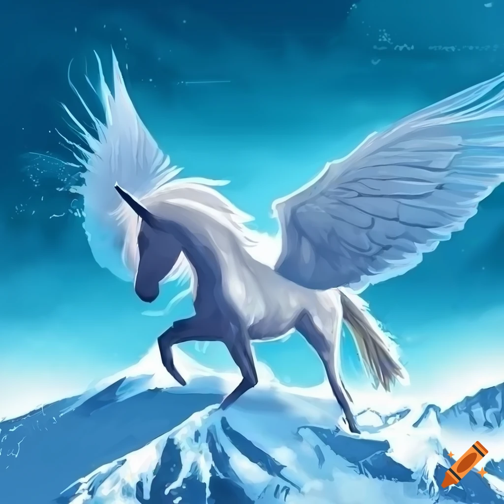 Pegasus flying over an icy mountain in fantasy art style on Craiyon