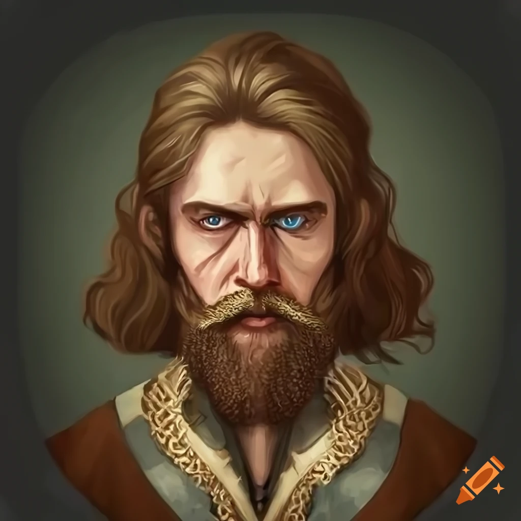 Western slavic wizard with long dark blond hair and impressive mustache ...