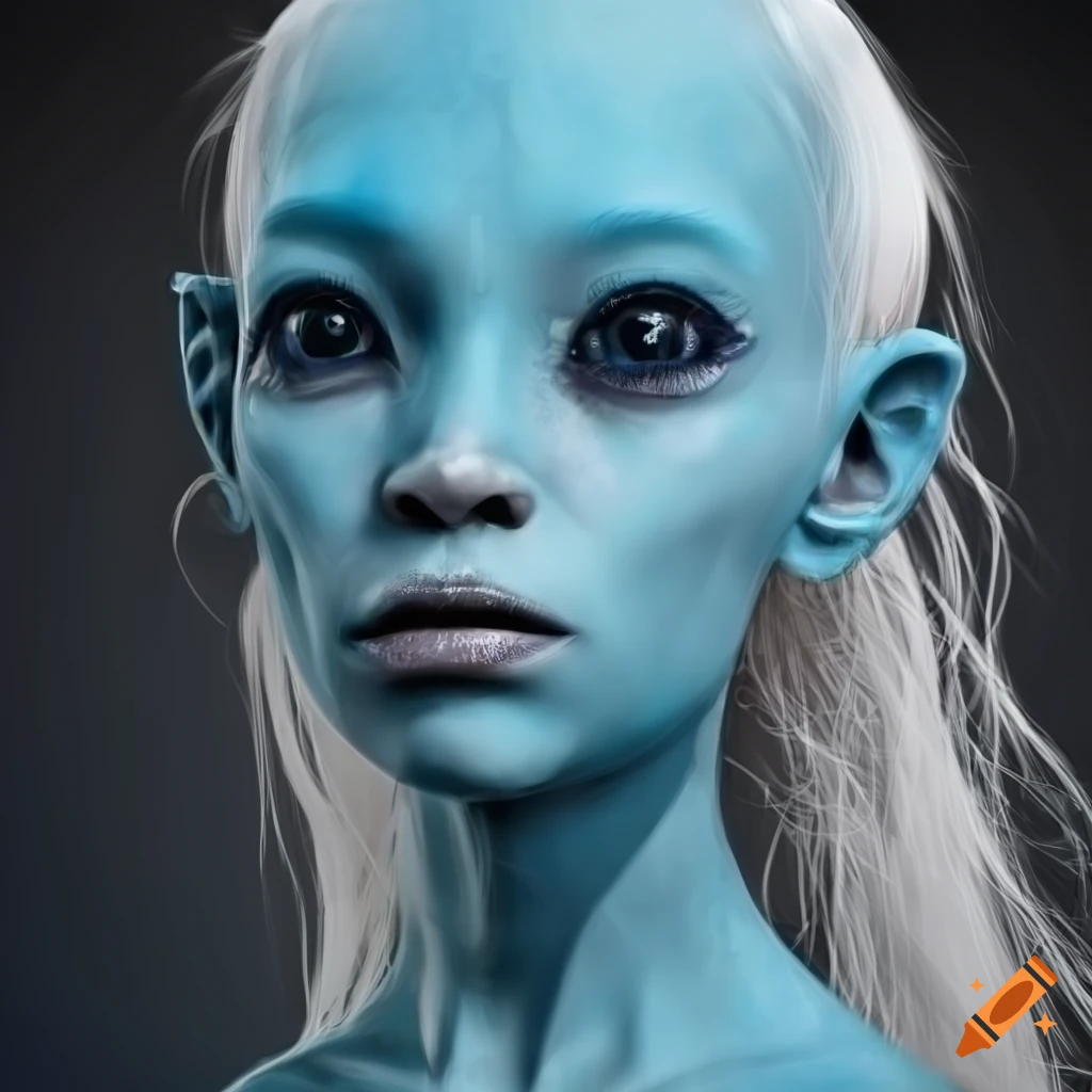 Realistic Portrait Of A Blue Skinned Humanoid Alien Woman With Pointed Ears And Wavy White Hair 