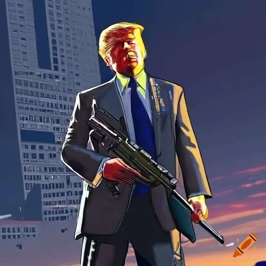 Character resembling Donald Trump standing in the city with a gun, in the style of GTA 5