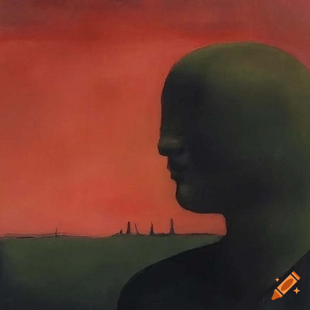 Watercolor landscape with red figure painting by rené magritte on Craiyon