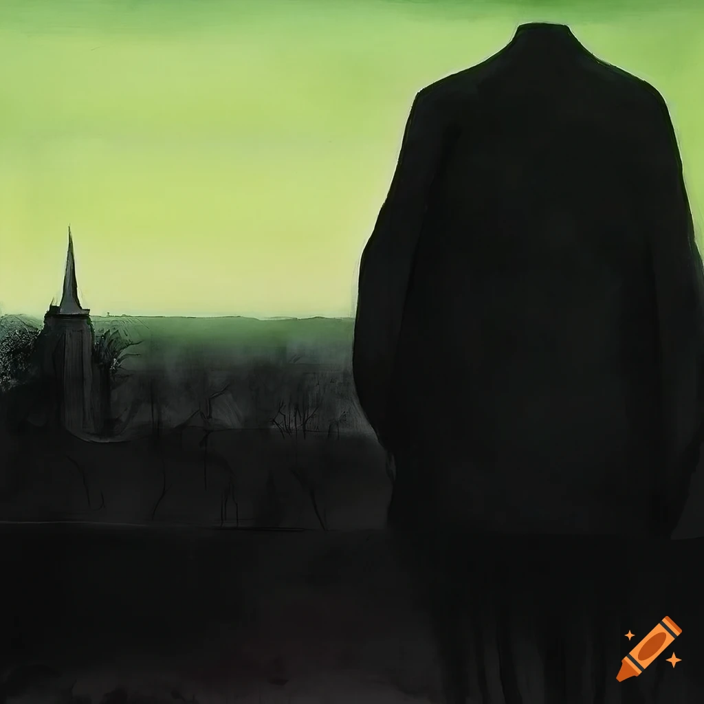 Black figure painting by rené magritte in a watercolor landscape on Craiyon