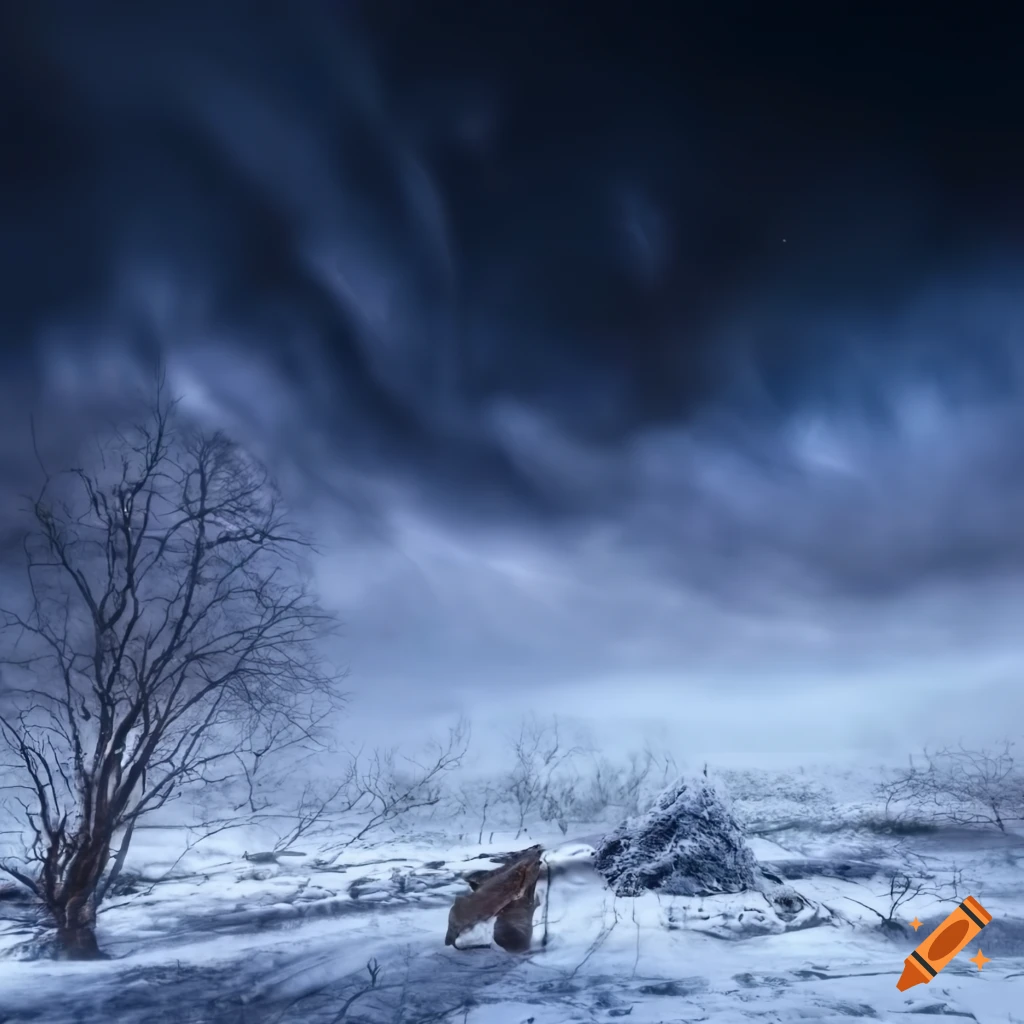 Barren winter landscape with dying flame in the wind on Craiyon