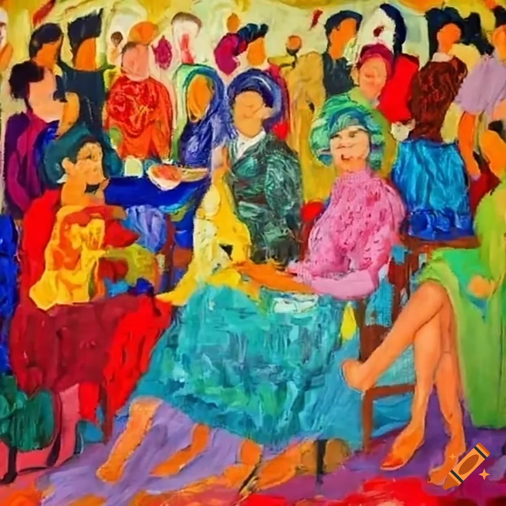 Women sewing carpets by hand at tables on Craiyon