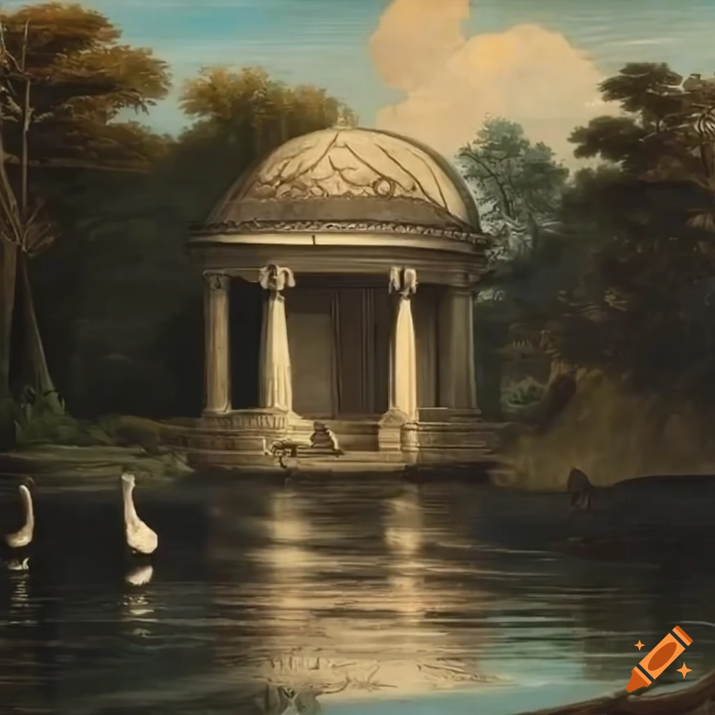 Colonial gate overlooking a lake with black swans, staircase, gazebo, and statues