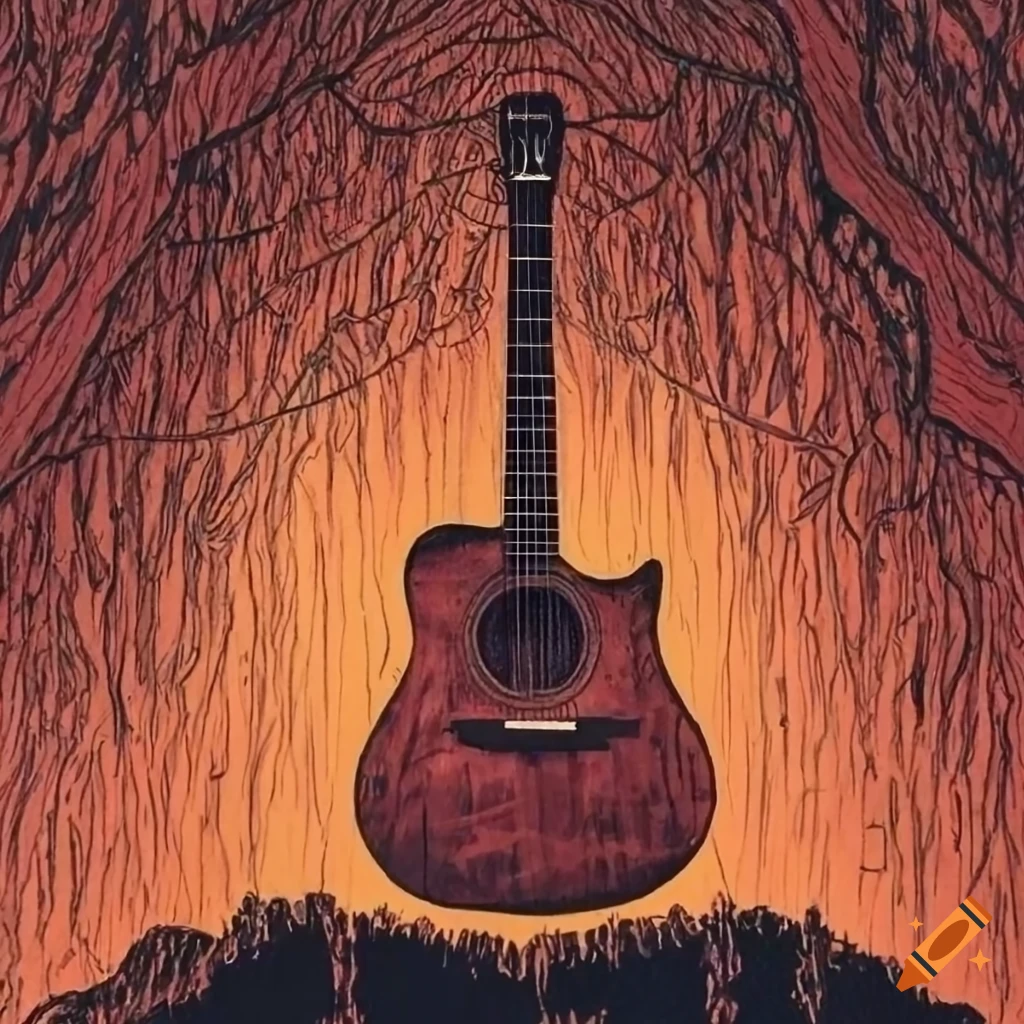 Acoustic guitar and redwood tree combined in a pen and ink poster on