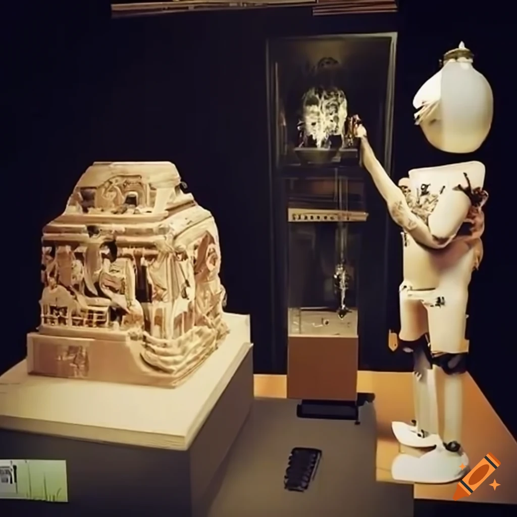 Telepresence robot examining ancient greek artifact in museum on Craiyon