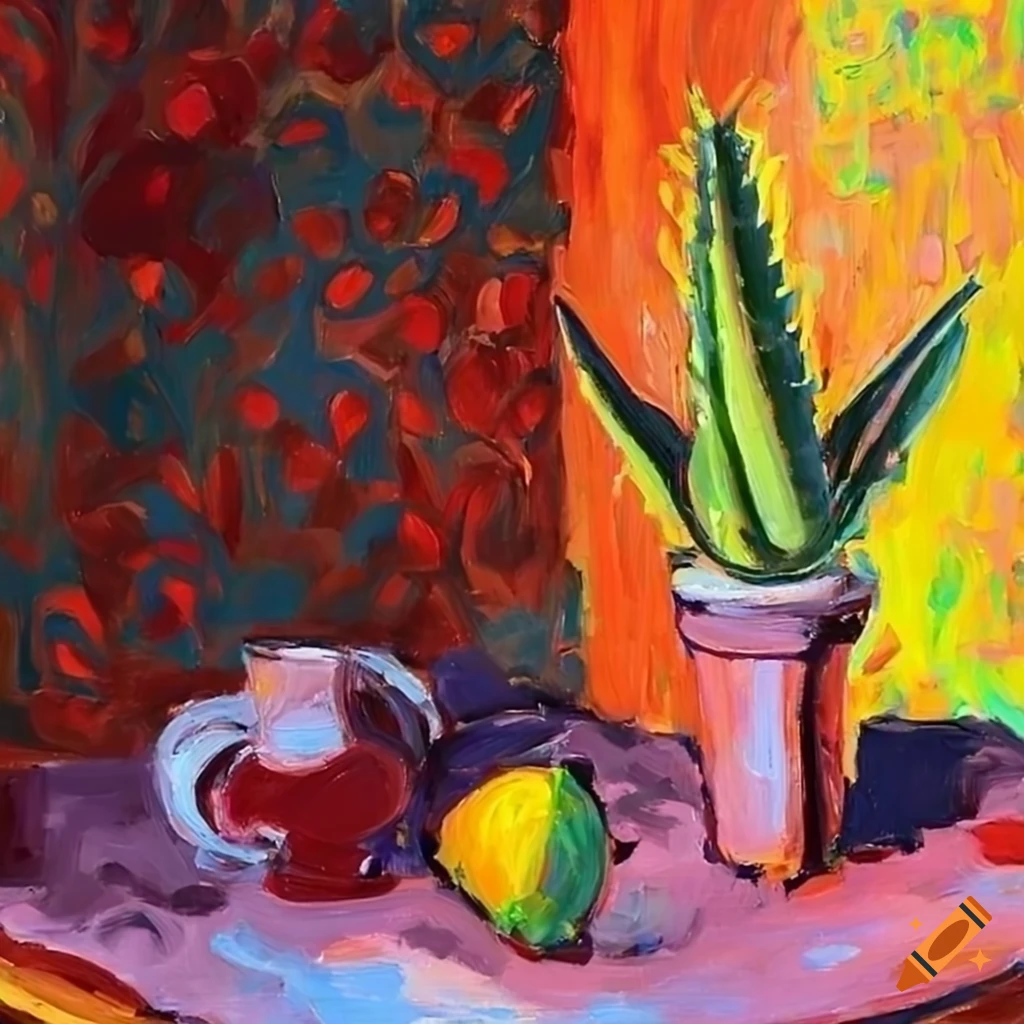Colorful still life with aloe, vase of flowers, and lemons on table