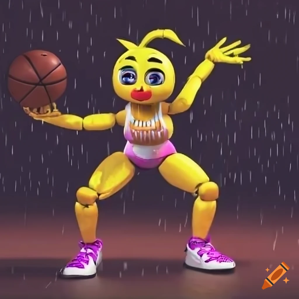 Toy Chica playing basketball in the rain with sneakers