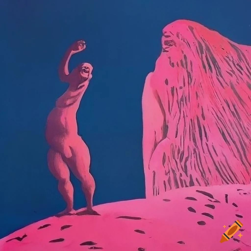 Pink night time desert view with a dancing man, linocut by Hugo Imberg
