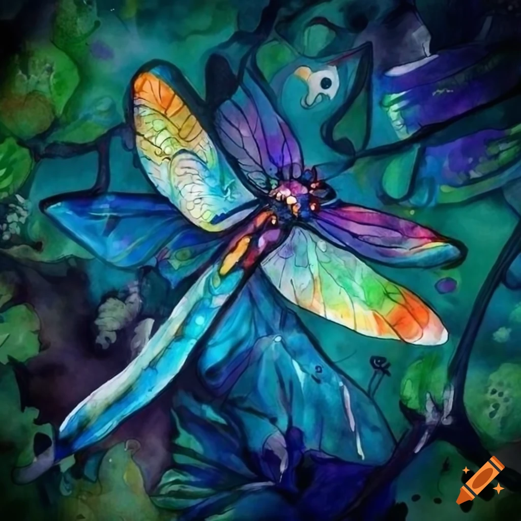 Mystical dragonflies in a magical forest watercolor painting on Craiyon