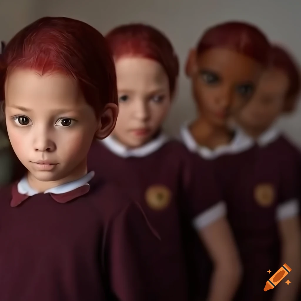 Realistic photo of humanoid alien children in school uniforms