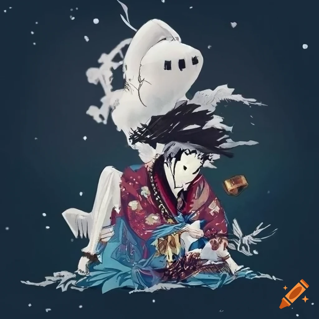 Ukiyo-e art of a brave scarecrow in luxurious white attire at night